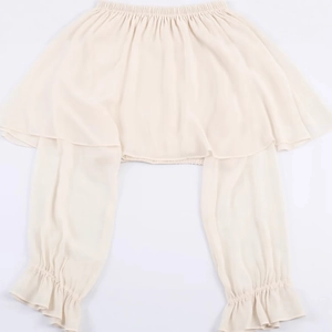 Elegant beige off-shoulder chiffon top with pleated ruffles and long sleeves in plain layout