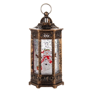 Bronze Christmas snow globe lantern with snowman and swirling glitter on white background