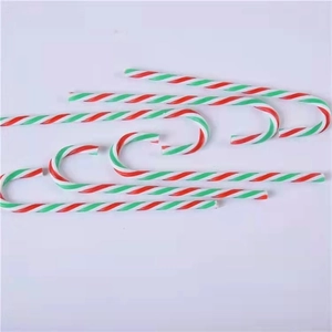 Detailed view of six 15cm red and green striped acrylic candy cane ornaments for trees