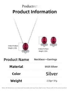 Detailed specs of S925 silver jewelry set featuring ruby goldfish earrings and necklace