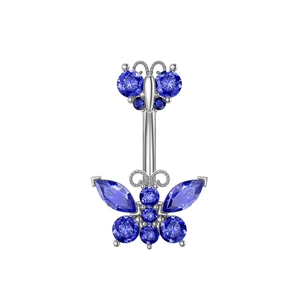 Detailed view of a silver belly ring featuring a blue zircon butterfly pendant design