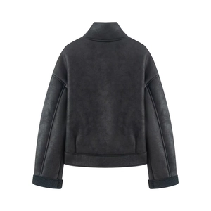 Back view of a casual reversible aviator jacket in dark grey suede and faux shearling trim