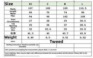 Detailed size chart for houndstooth cargo pants including waist and hip measurements