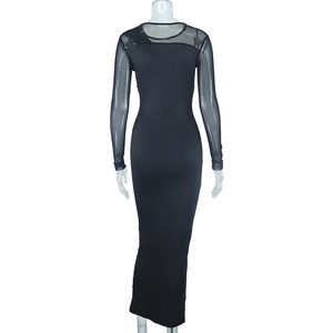 Detail view of sheer mesh patchwork on sleeves and back of black bodycon midi dress
