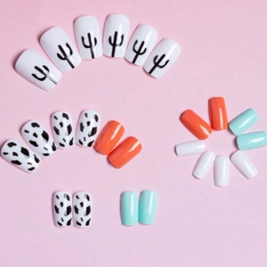 24pcs set of cow print and cactus pattern press-on nails with glossy colorful finish