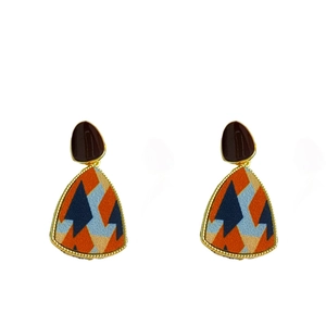 French retro colorful fabric triangle earrings with gold frame on white background