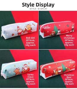 Detailed view of four Christmas pencil cases with cute festive holiday illustrations