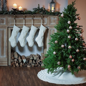 Knitted Christmas stocking set and tree skirt in cream white for festive decoration