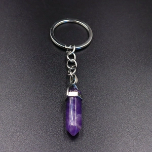 Natural amethyst hexagonal crystal bullet keychain with silver link chain and metal ring