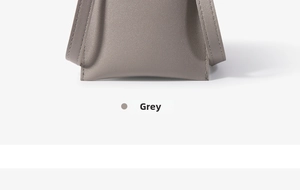 Detail view of grey leather phone bag showing precise stitching and grainy texture