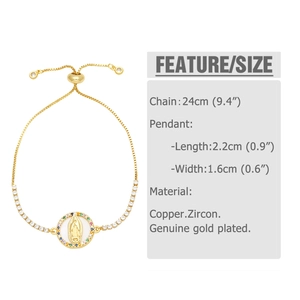 Detail of adjustable gold Virgin Mary bracelet with colorful zircon stones and dimensions