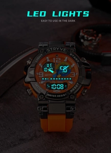 Close-up of waterproof sports watch featuring bright LED backlight and orange silicone strap