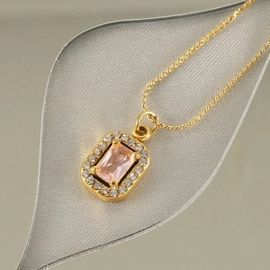 18K gold plated double layer necklace with square pink zircon pendant and chain links