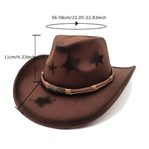 Chapeau de cowboy en feutre de laine marron foncé avec étoiles et ruban tressé ethnique