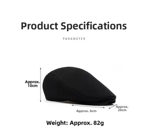 Detail of black cotton ivy cap showing 10cm height and 6cm brim dimensions