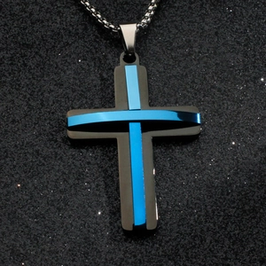 Double-layered stainless steel cross necklace in matte black and metallic blue finish