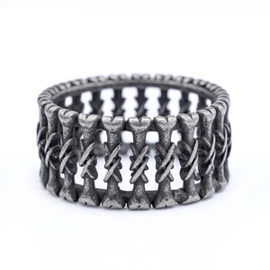 Gothic vintage stainless steel ring with bone column design and oxidized silver finish