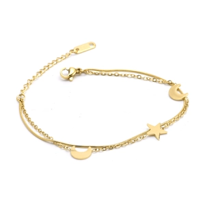 Elegante bracciale a strati in acciaio al titanio dorato con ciondoli stella e luna e chiusura