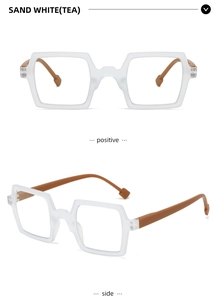 Detailed views of sand white square frame reading glasses with contrasting tea temples