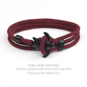 Handmade red braided sea turtle bracelet with high-quality black nautical anchor buckle