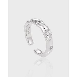 Women 925 Sterling Silver Adjustable Ring With Cubic Zirconia Irregular Lava Texture Minimalist Style Jewelry