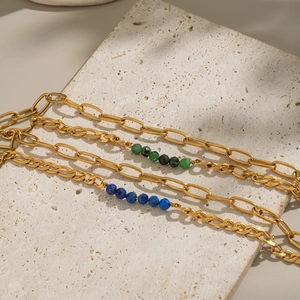 Vintage 18K gold-plated double-layer stainless steel bracelet with lapis lazuli beads