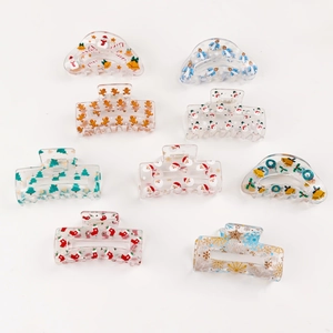 Transparent Christmas hair claws featuring gingerbread man and snowman festive patterns
