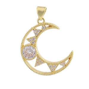 Gold moon pendant with white zircon inlays for necklaces and DIY jewelry making