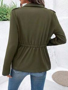 Back view of army green drawstring waist jacket showing the tailored fit and epaulettes