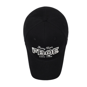 Classic black cotton baseball cap with white embroidered lettering on a white background