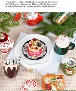 Detailed glass painted Christmas tree ornaments featuring cake and drink beverage designs