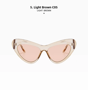 Detail view of cat eye sunglasses in light brown transparent frame with high clarity lenses