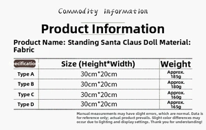 Size chart for standing Santa Claus dolls showing dimensions 30x20cm and weights