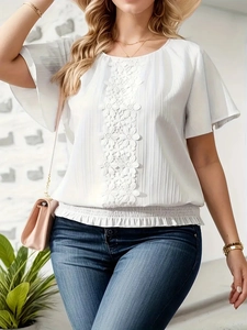 Elegant white short sleeve blouse with lace floral splicing and round neck for women