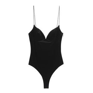 Women's black velvet bodysuit with deep V-neck and delicate spaghetti straps