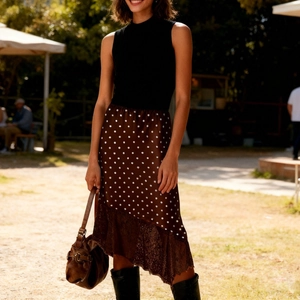 Detail of a brown polka dot skirt with elegant white lace stitching and black sleeveless top