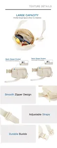 Detailed view of cream nylon waist bag featuring multiple pockets and durable hardware
