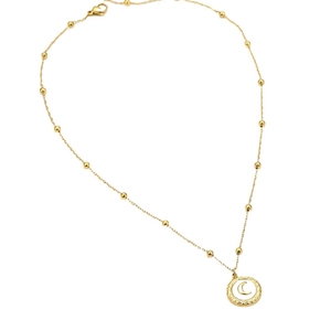18K gold plated stainless steel beaded chain necklace with shell moon pendant for women