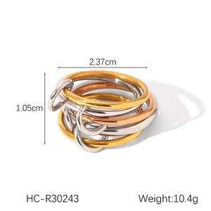 Detail showing weight and size specifications for layered stainless steel stackable rings
