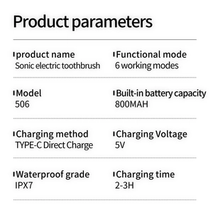 Detailed technical specifications for model 506 sonic electric toothbrush with IPX7 rating