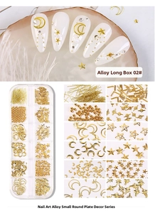 Detail of 12-slot organizer with gold alloy nail art studs like stars and moons