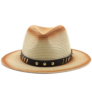 Gradient woven straw hat with dark brown leather band and metallic gold studs