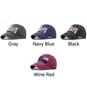 Washed cotton baseball caps with USA flag embroidery in grey, navy, black and burgundy