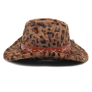 Detail of leopard print western cowboy hat with studded leather band and cross stitching