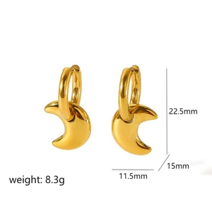 Detail view of 18k gold crescent moon earrings showing 22.5mm height and dimensions