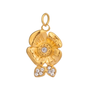 Detailed close-up of an 18K gold-plated flower pendant with clear crystal gemstone accents
