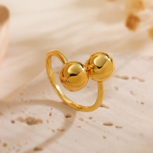 Minimalist 18K gold plated bow-knot geometric open ring with double bead accent on stone
