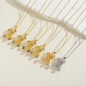 3D hollow bear necklace with 14K gold plating and colorful zircons in multiple colors