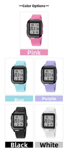 Close-up of square digital sports watches in pink blue purple black and white colors