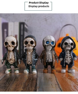 Four streetwear skeleton figurines wearing hoodies on a wooden stand for Halloween decor